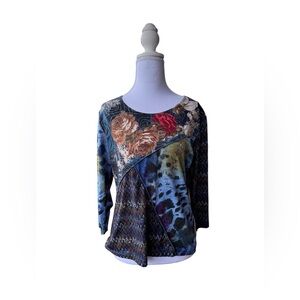 Jessica Max Women’s Y2K Patchwork Boho Blue Glitter Blouse Top Size Large